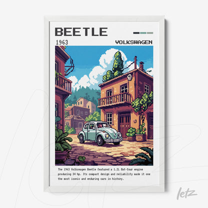 quadro com arte digital do carro Volkswagen Beetle 1963 em moldura branca, com fundo de uma rua cinematográfica