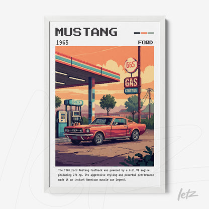 quadro com arte pixelada do carro Ford Mustang 1965 em moldura branca sobre fundo de posto de gasolina