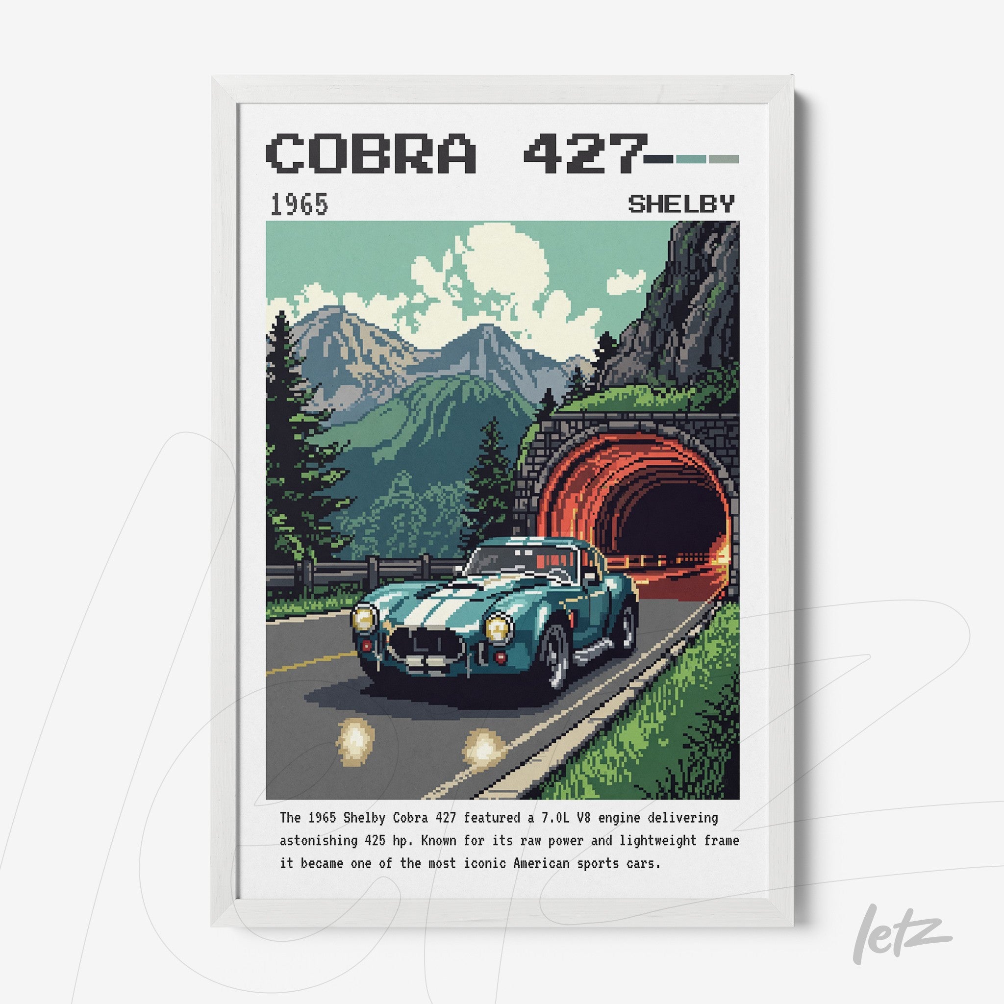 quadro com arte nostálgica de carro Shelby Cobra 427 em moldura branca com fundo montanhoso e túnel