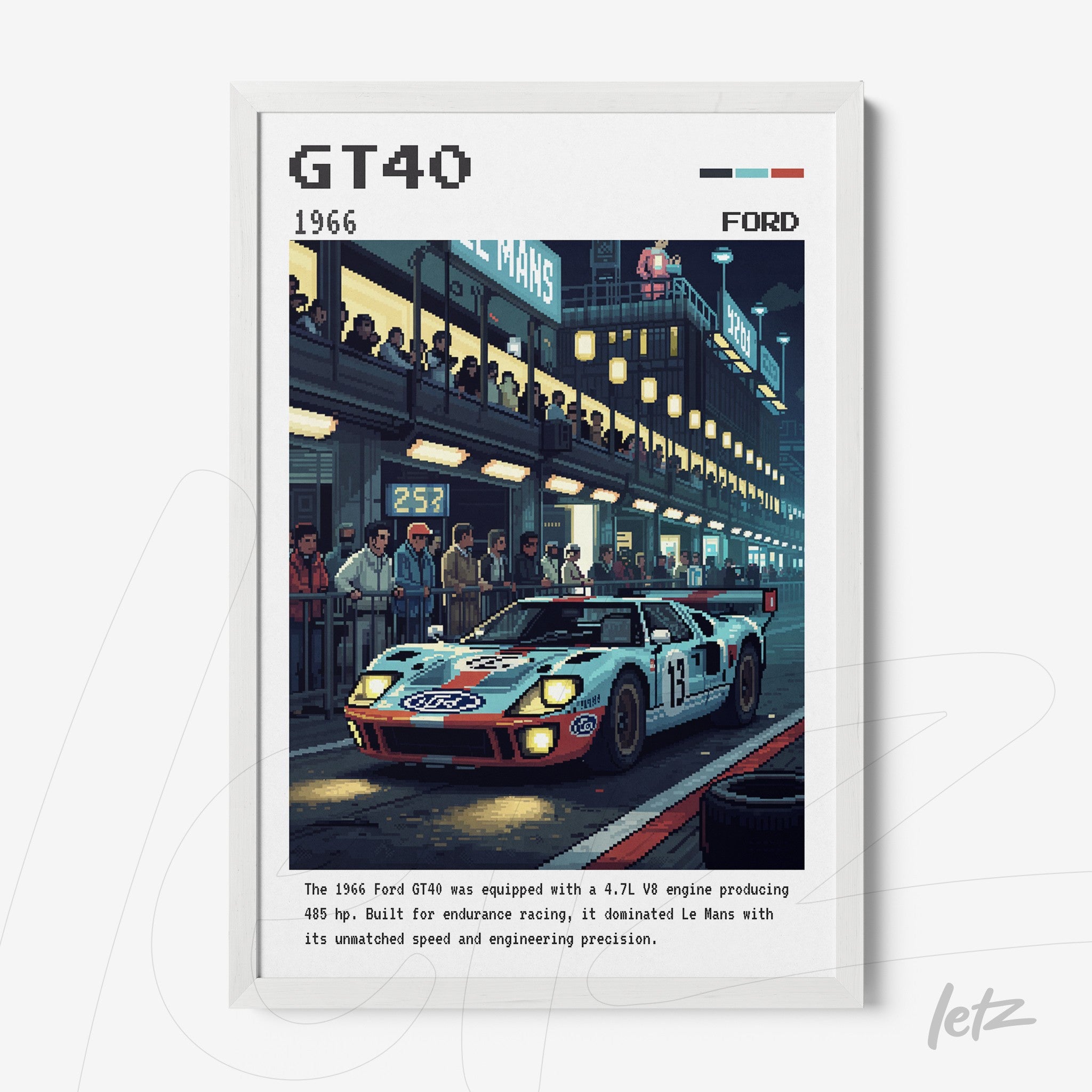 quadro com arte digital do carro Ford GT40 de 1966 em moldura branca