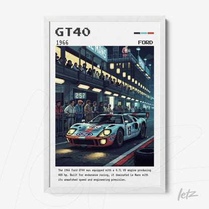 quadro com arte digital do carro Ford GT40 de 1966 em moldura branca