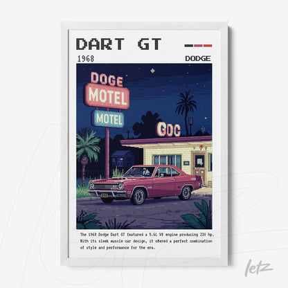 quadro com arte pixelada do carro Dodge Dart GT de 1968 em frente ao Dodge Motel, com moldura branca