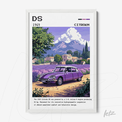 quadro com ilustração pixelada de um Citroën DS de 1969 em uma paisagem campestre com montanhas ao fundo