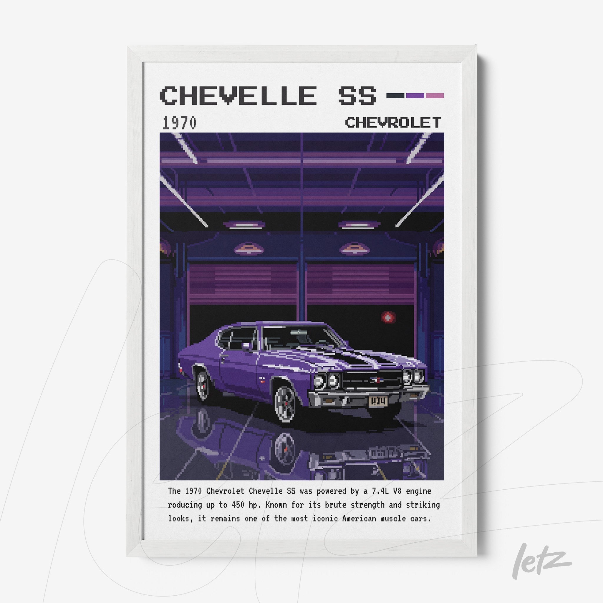 quadro com ilustração pixel art de um Chevrolet Chevelle SS 1970 em moldura branca