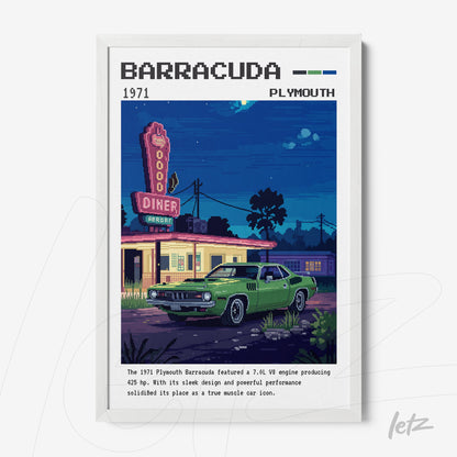 quadro com arte digital de um Plymouth Barracuda verde em frente a um diner com neon, moldura branca