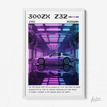 quadro com arte digital de um Nissan 300ZX Z32 dos anos 90 em um ambiente futurista com luzes neon