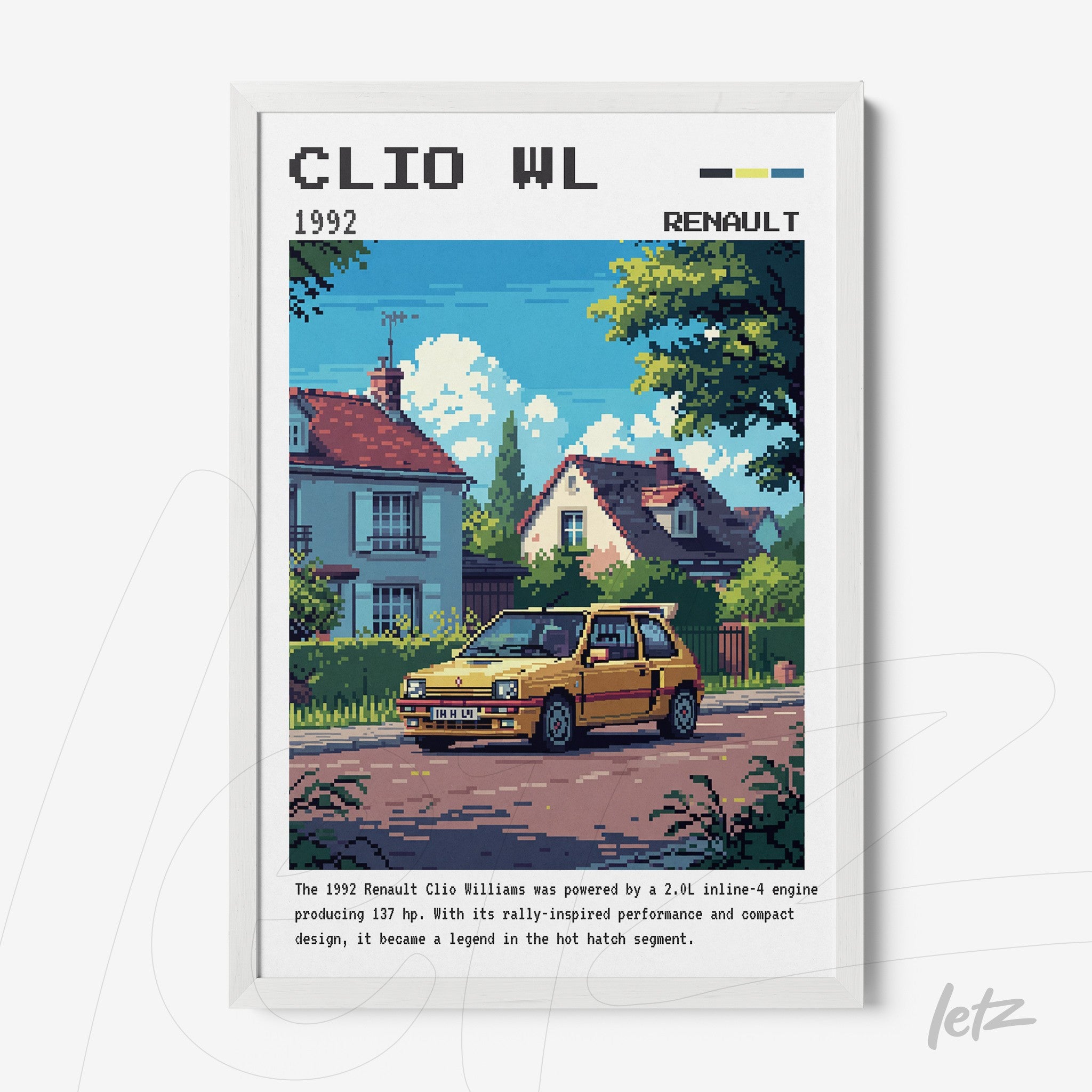 quadro decorativo com arte pixelada de um carro Renault Clio Williams amarelo em uma rua residencial, moldura branca e detalhes informativos na parte inferior