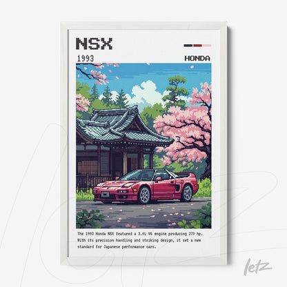quadro com arte pixelada do carro Honda NSX vermelho em frente a um templo japonês com flores de cerejeira na moldura branca