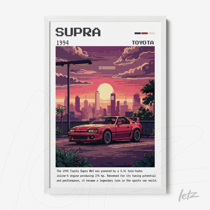 quadro com arte digital retro do carro Toyota Supra 1994 em moldura branca com fundo urbano colorido ao pôr do sol