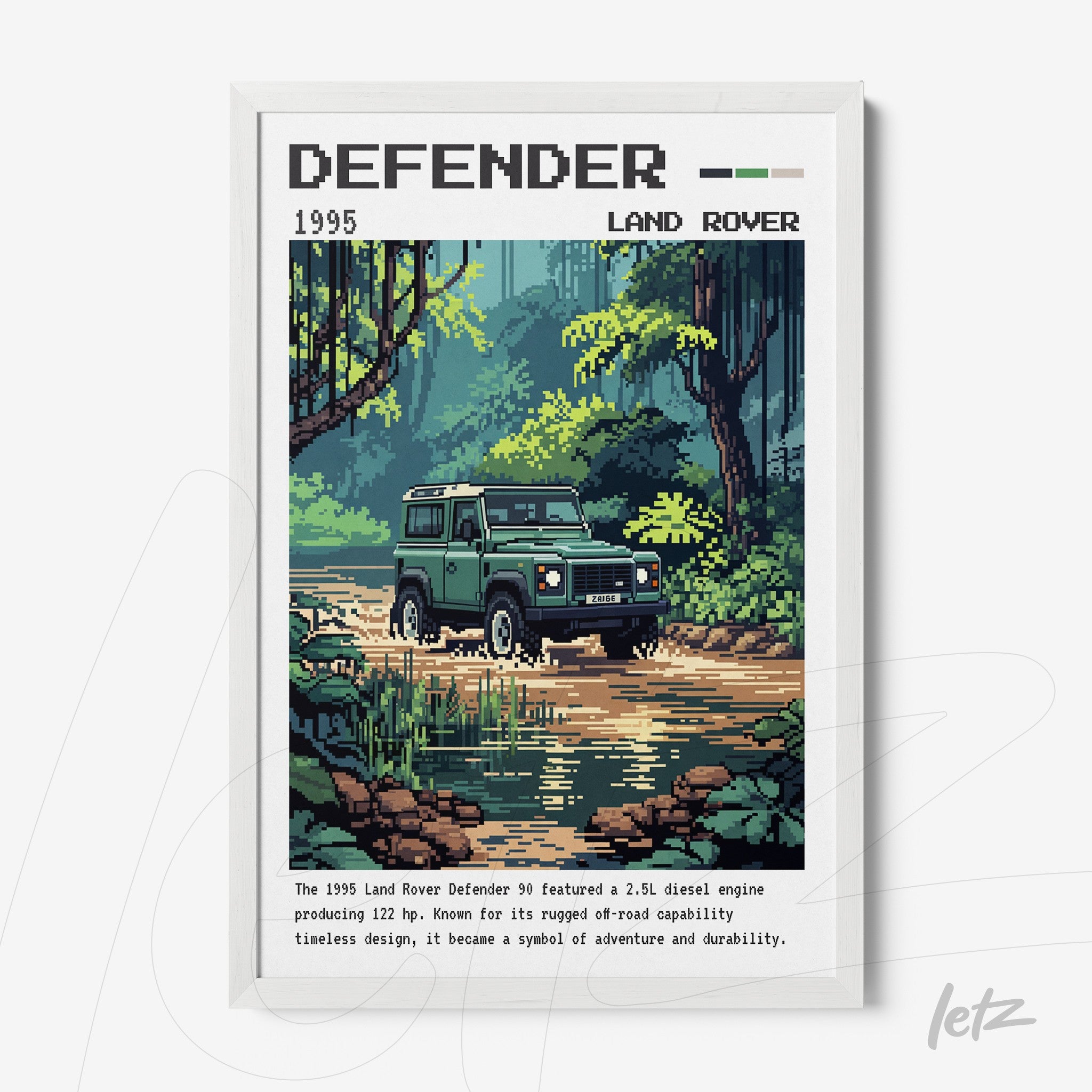 quadro emoldurado com arte pixelada de um Land Rover Defender verde em uma paisagem de floresta