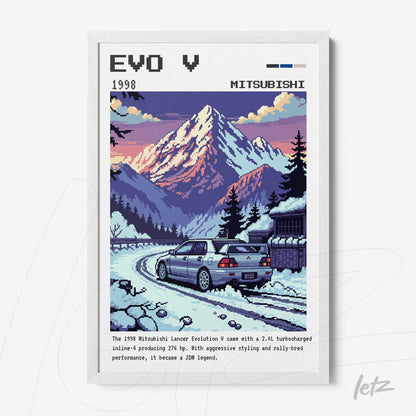 quadro com arte pixelada do Mitsubishi Lancer Evolution V em moldura branca com fundo montanhoso