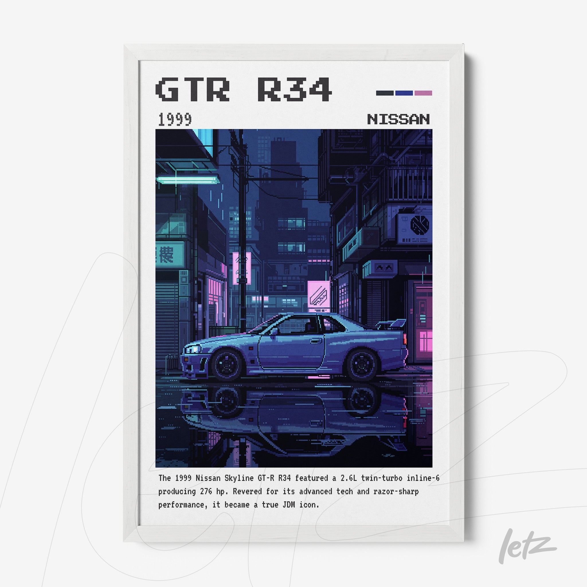 quadro digital com arte cyberpunk do carro Nissan Skyline GTR R34 em uma cena noturna urbana, moldura branca