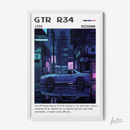 quadro digital com arte cyberpunk do carro Nissan Skyline GTR R34 em uma cena noturna urbana, moldura branca
