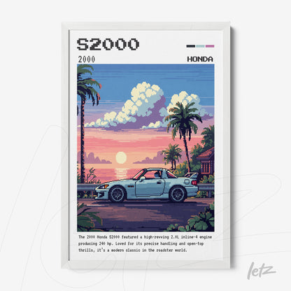 quadro com arte pixelada do carro Honda S2000 em uma paisagem de praia ao pôr do sol, moldura branca
