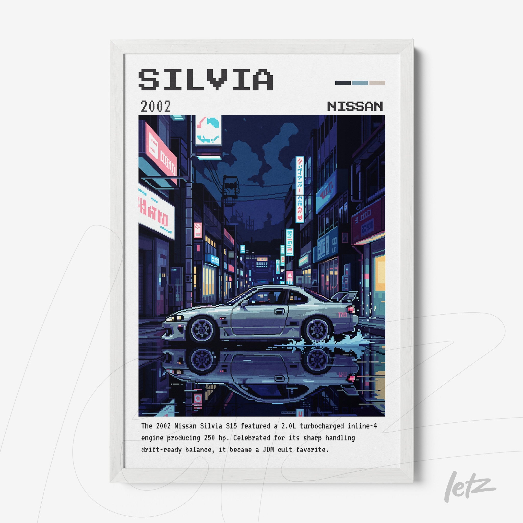 quadro com arte digital do carro Nissan Silvia S15 em uma cidade iluminada à noite, moldura branca fina