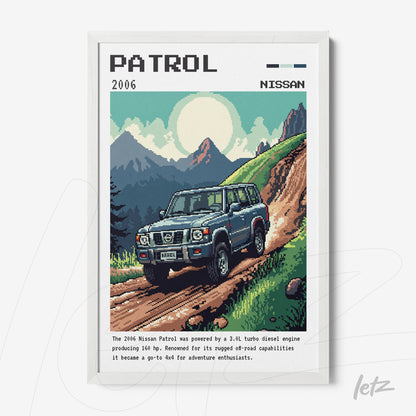 quadro com arte pixelada do carro Nissan Patrol 2006 em uma paisagem montanhosa, com moldura branca