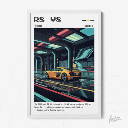 quadro com arte digital de carro esportivo Audi R8 em moldura branca, com fundo de garagem futurista e detalhes em pixel art
