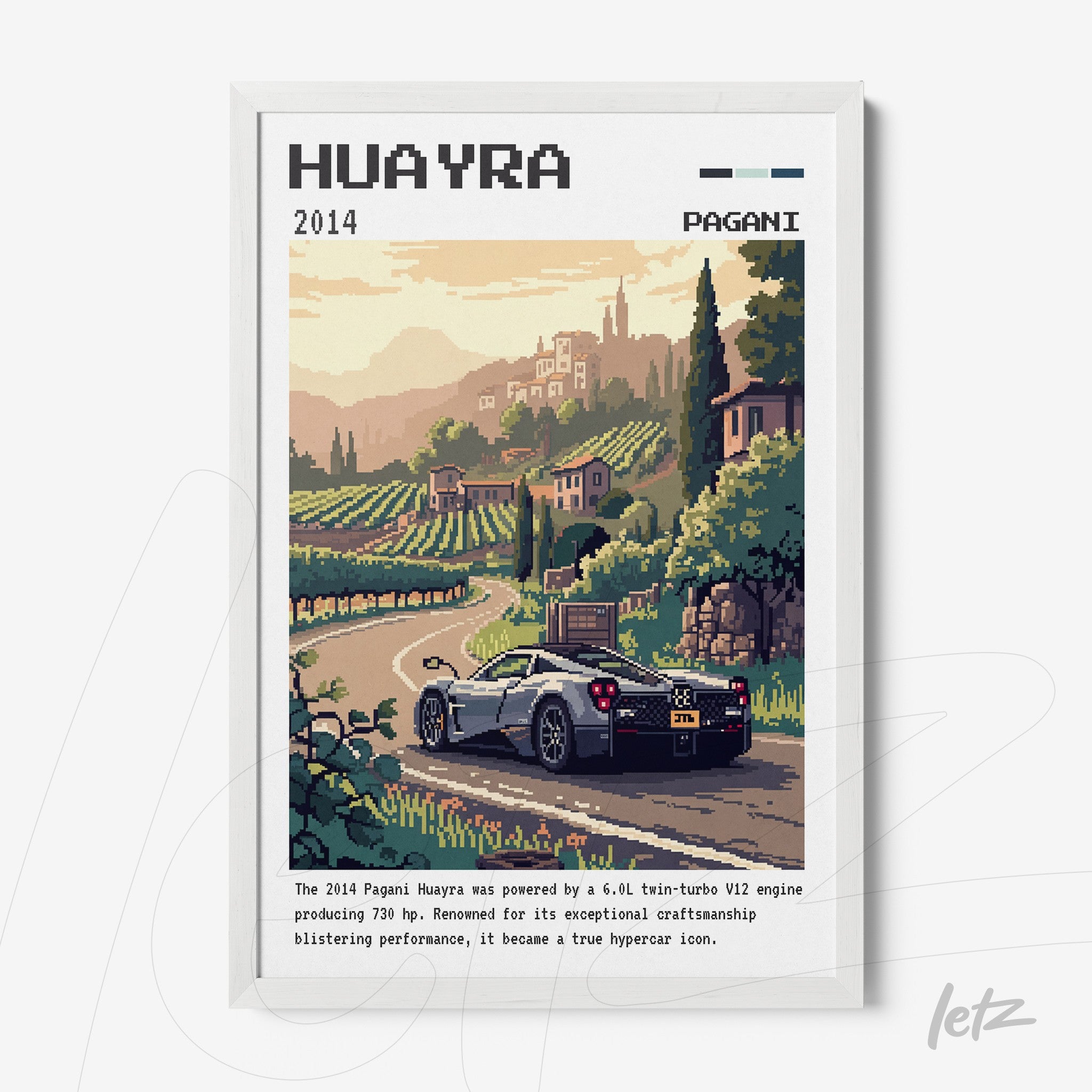 quadro com arte pixelada de um carro Pagani Huayra em uma estrada rural cercada por vinhedos, moldura branca