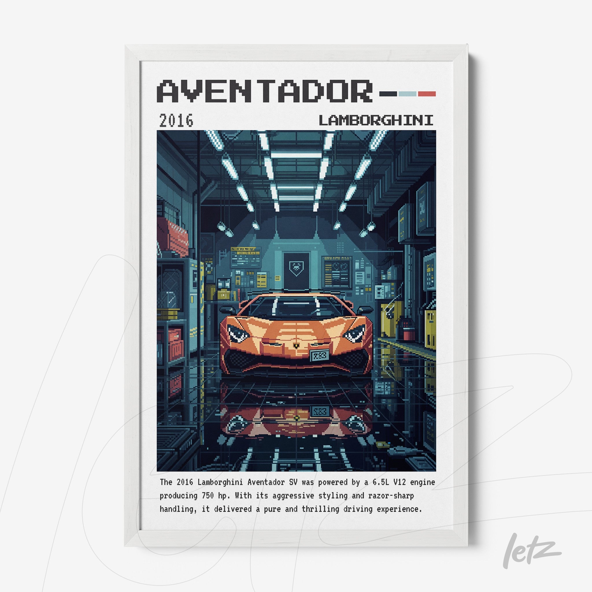 quadro com arte digital do carro Lamborghini Aventador em um ambiente de oficina com estilo retrô