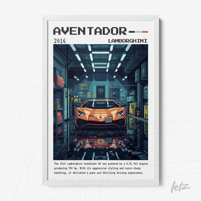 quadro com arte digital do carro Lamborghini Aventador em um ambiente de oficina com estilo retrô