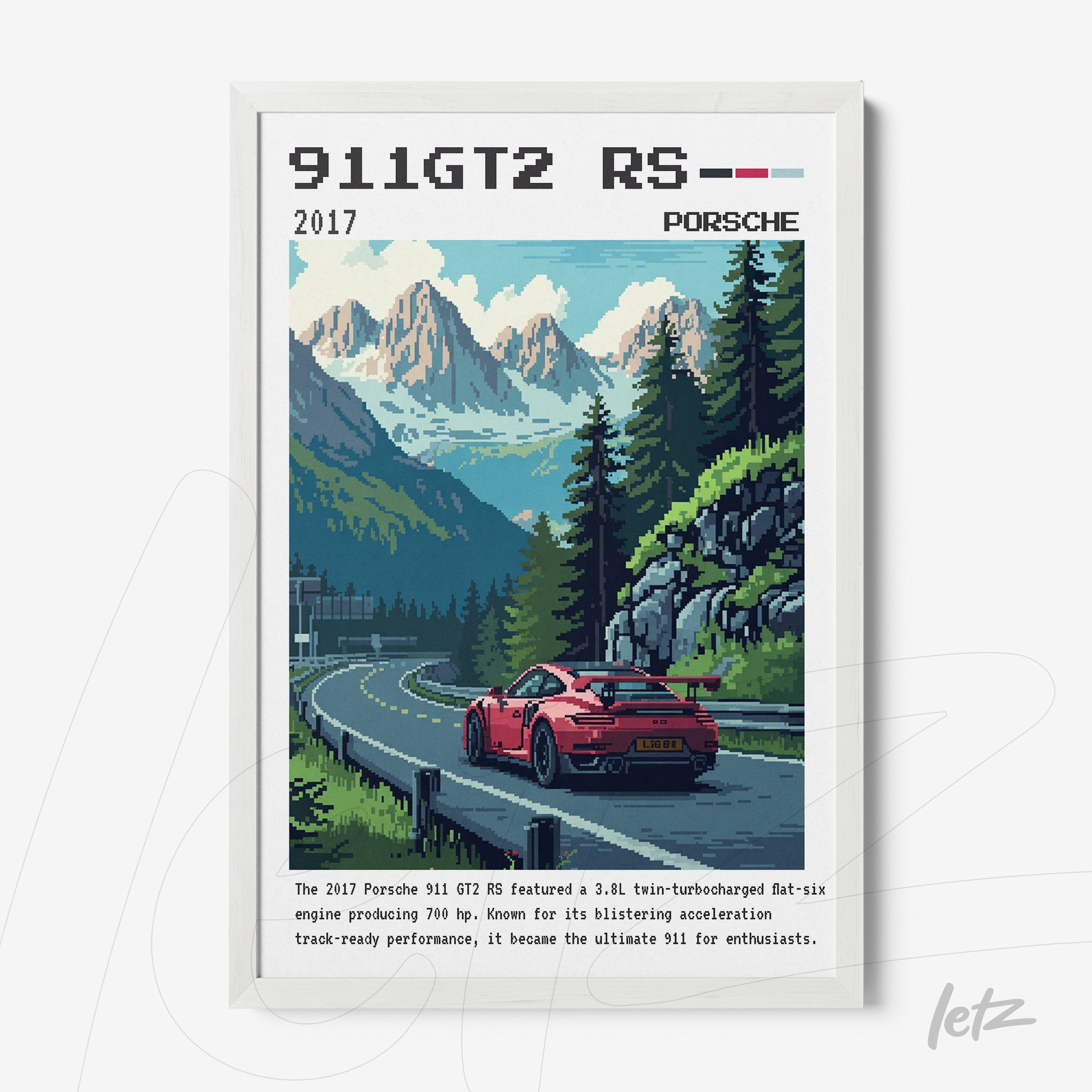 quadro com arte digital de um Porsche 911 GT2 RS em estrada montanhosa com fundo de montanhas verdes e céu azul