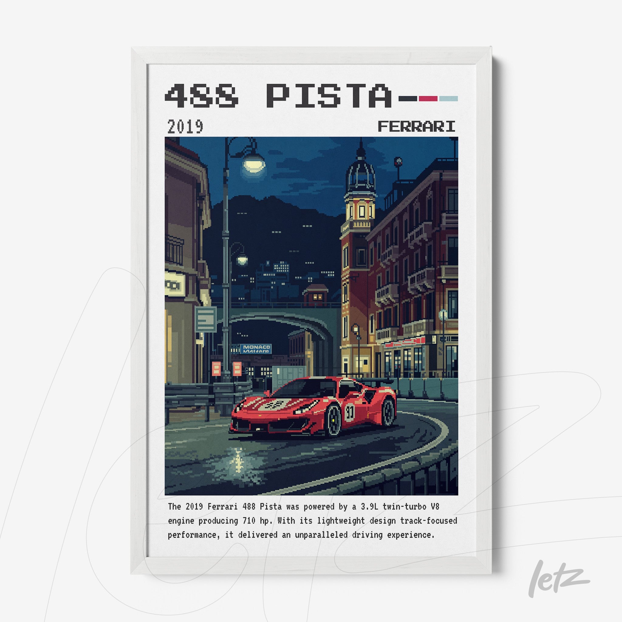 quadro com arte pixelada do carro Ferrari 488 Pista em moldura branca num cenário urbano à noite