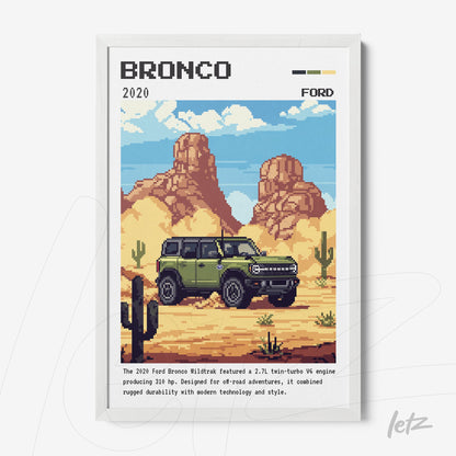 quadro com arte pixelada do carro Ford Bronco 2020 em moldura branca com fundo de deserto