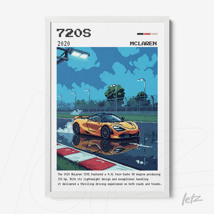 quadro emoldurado com arte pixelizada do carro McLaren 720S em pista molhada refletindo a imagem do veículo