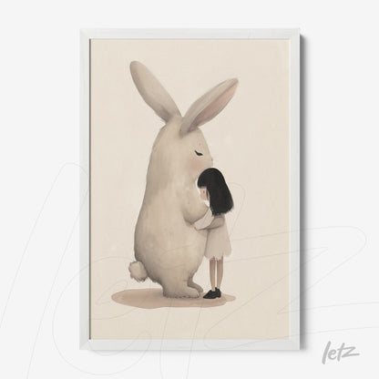 quadro com ilustração delicada de uma menina abraçando um coelho grande em moldura branca