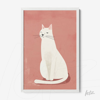 quadro com ilustração de gato branco sobre fundo rosa em moldura branca