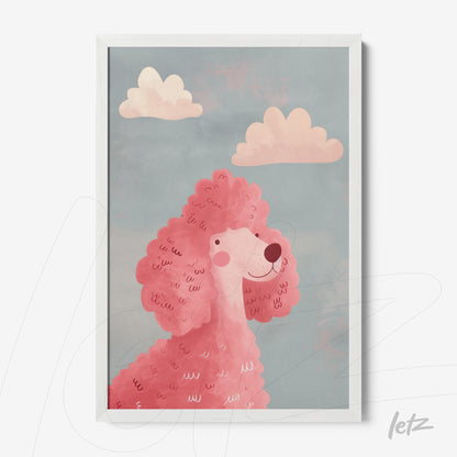 quadro com ilustração de um poodle rosa sob céu azul com nuvens claras em moldura branca