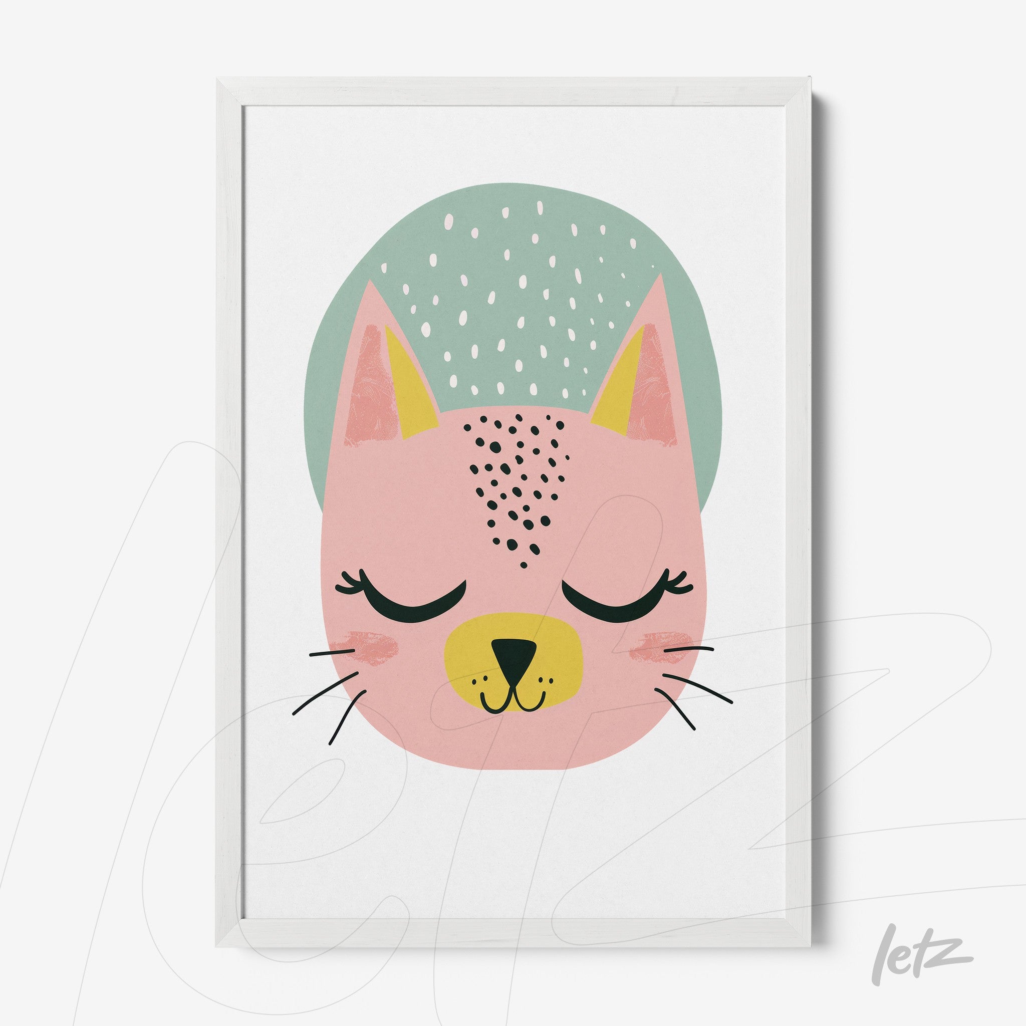 quadro com ilustração de um gato rosa com feições suaves e um fundo verde claro em moldura branca