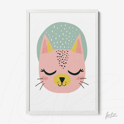 quadro com ilustração de um gato rosa com feições suaves e um fundo verde claro em moldura branca