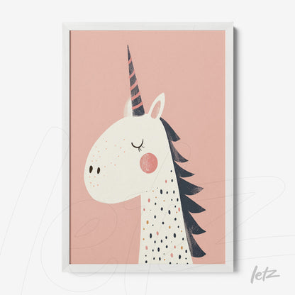 quadro com ilustração de unicórnio em fundo rosa e moldura branca