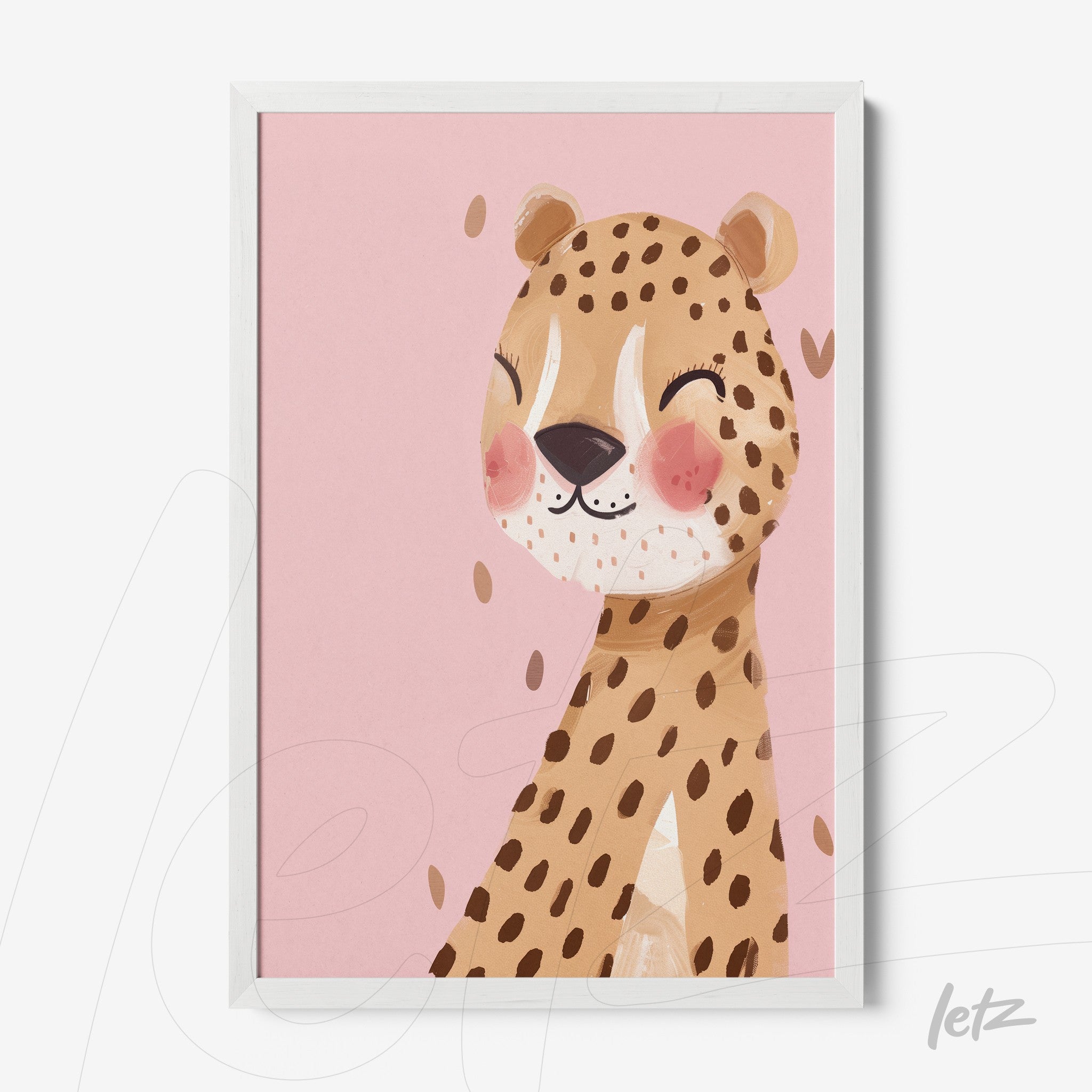 quadro com ilustração infantil de um leopardo sorridente em fundo rosa, moldura branca