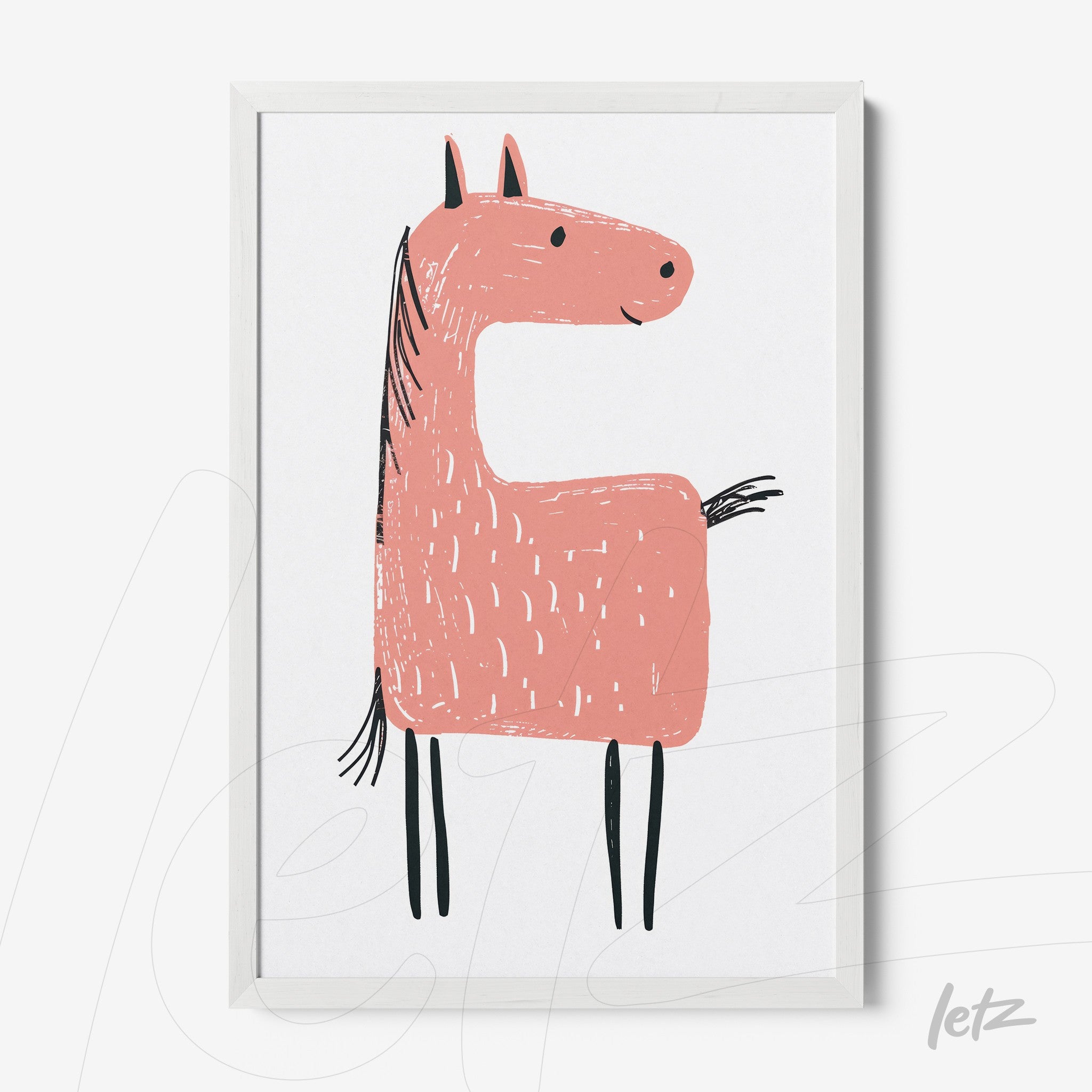 quadro com ilustração artística de um cavalo rosa em moldura branca