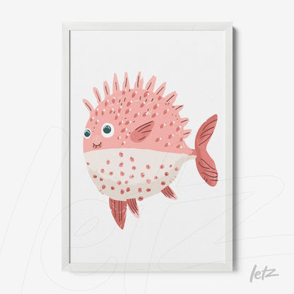 quadro com ilustração de um peixe colorido, rosa e branco, com espinhas e olhos grandes, em moldura branca