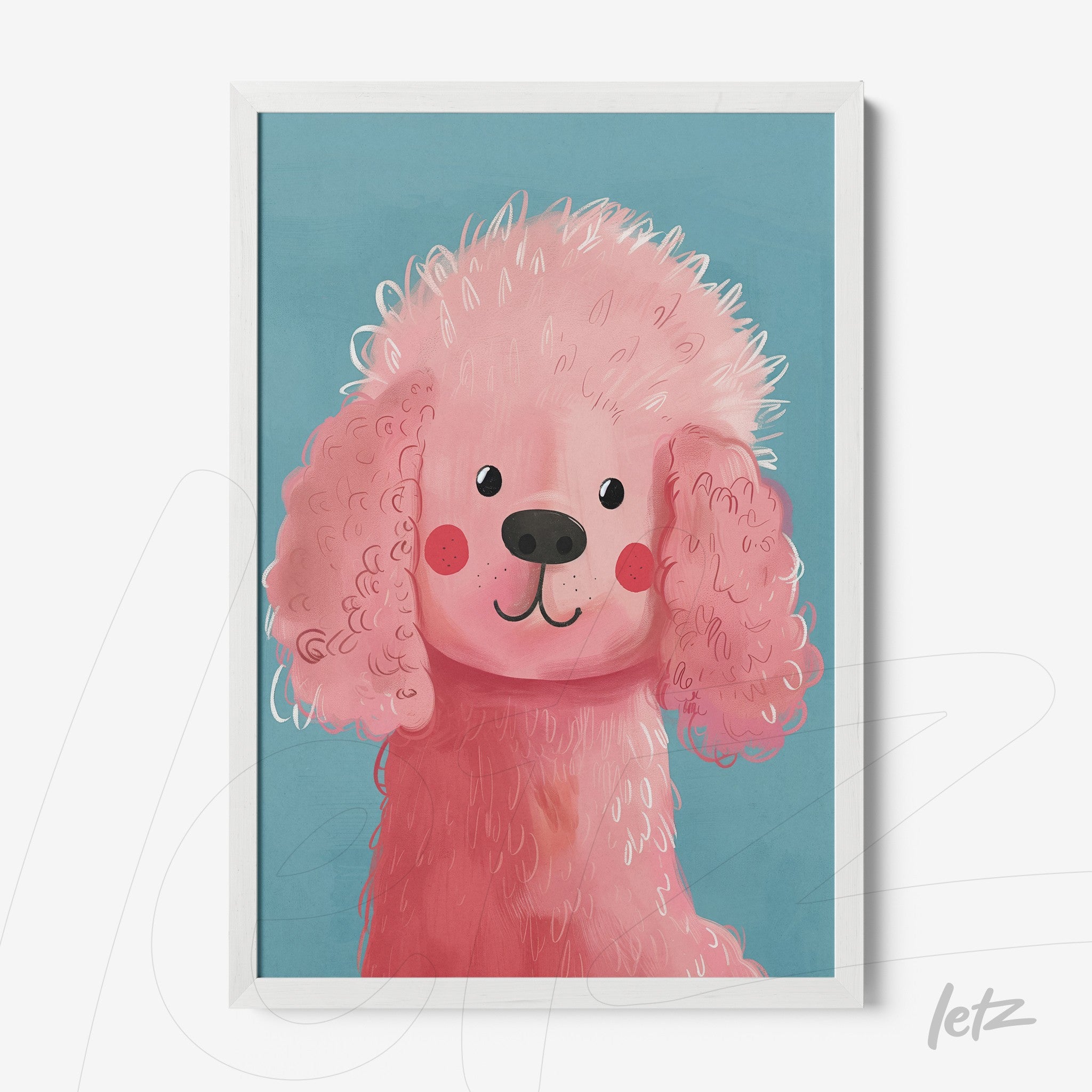 quadro com ilustração de um cachorro rosa estilizado em fundo azul, moldura branca