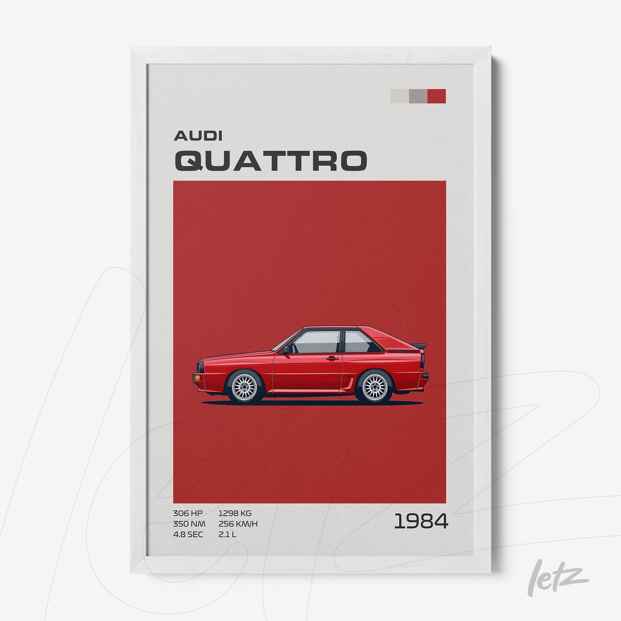 quadro com arte digital do Audi Quattro de 1984 em moldura branca, fundo vermelho sólido com informações sobre o carro