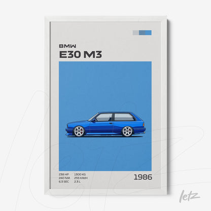 quadro com arte gráfica do carro BMW E30 M3 em fundo azul claro e moldura branca