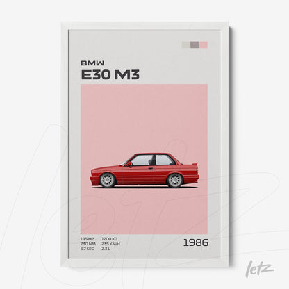 quadro com ilustração minimalista do carro BMW E30 M3 em fundo rosa e moldura branca