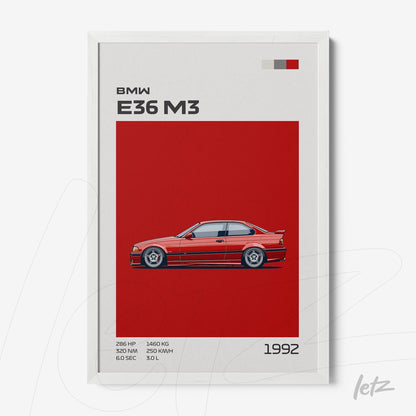 quadro com ilustração do carro BMW E36 M3 em fundo vermelho e moldura branca