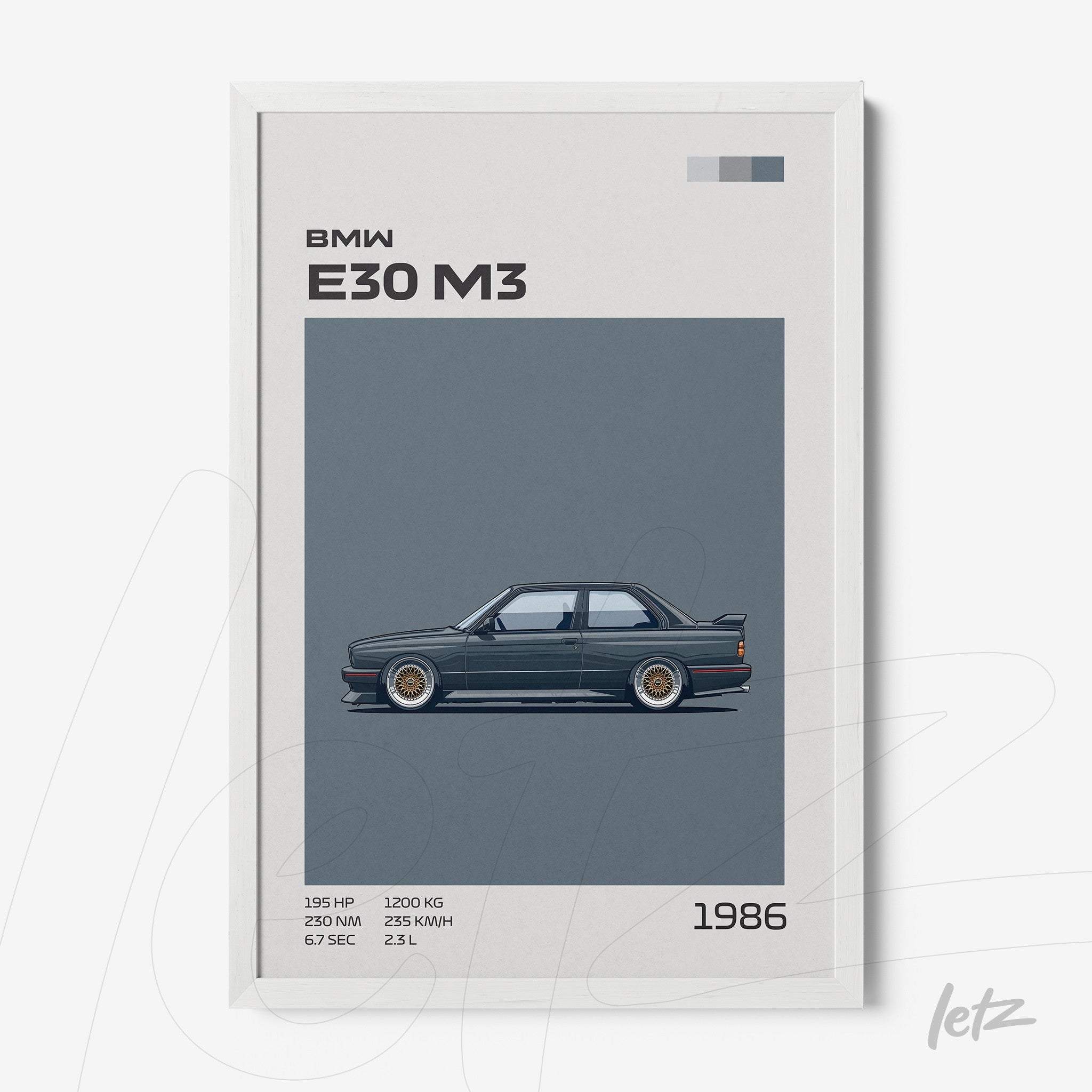 quadro com ilustração do carro BMW E30 M3 em moldura branca