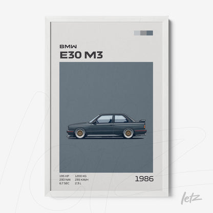 quadro com ilustração do carro BMW E30 M3 em moldura branca
