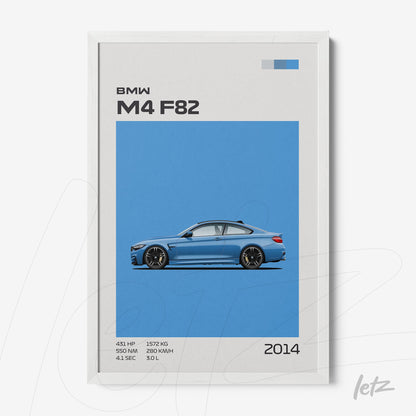 quadro com arte digital do carro BMW M4 F82 em fundo azul e moldura branca
