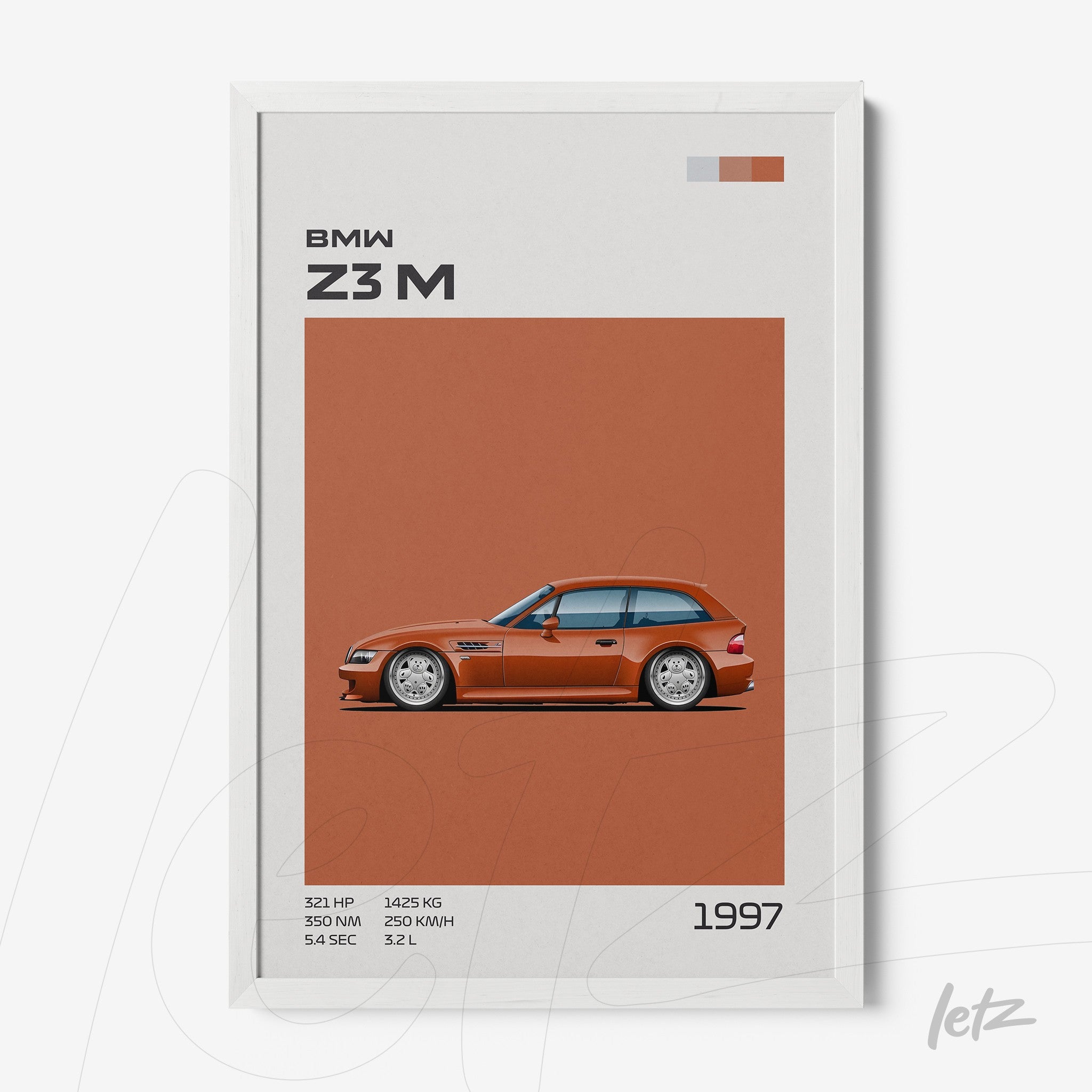 quadro com ilustração do carro BMW Z3 M em fundo terracota e moldura branca