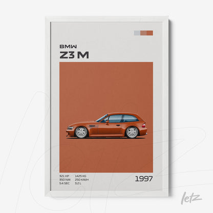 quadro com ilustração do carro BMW Z3 M em fundo terracota e moldura branca