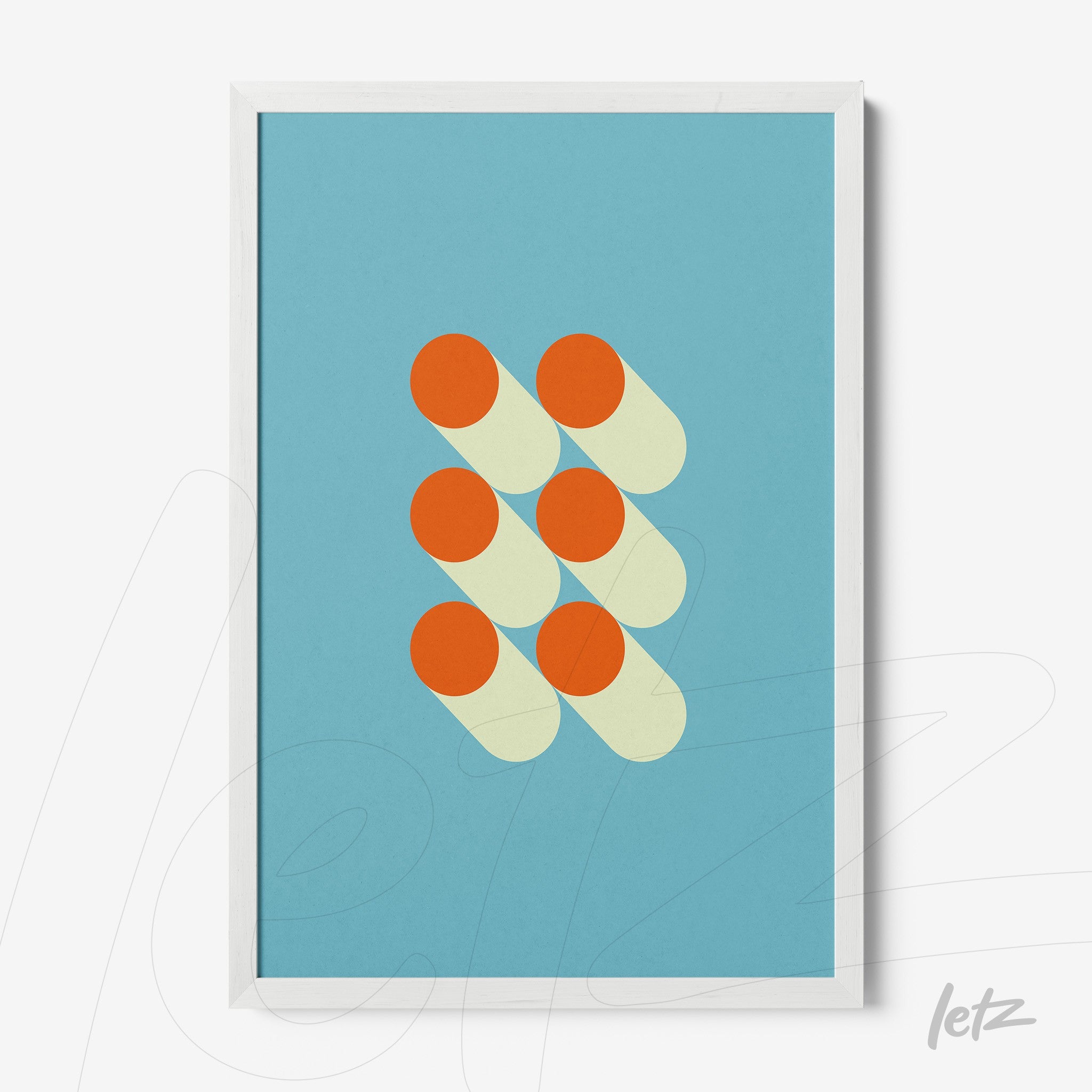 canvas com arte geométrica de círculos laranja sobre fundo azul emoldurado em branco