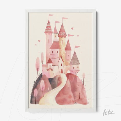 quadro com ilustração de castelo rosa com torres, cercado por árvores e caminho sinuoso, em moldura branca