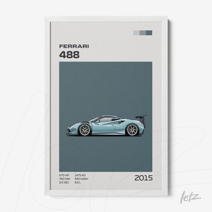quadro com ilustração minimalista do carro esportivo Ferrari 488 em moldura branca com fundo azul